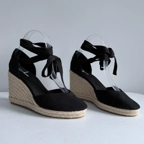 New Reformation Camille Espadrille Black Wedge Lace Up Sandals Shoes Size 7.5