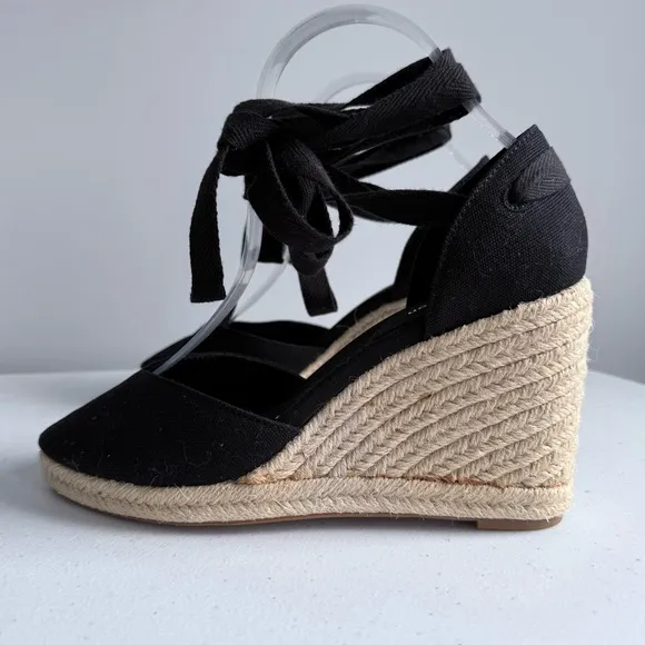 New Reformation Camille Espadrille Black Wedge Lace Up Sandals Shoes Size 7.5