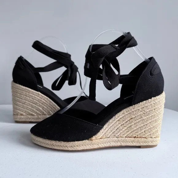New Reformation Camille Espadrille Black Wedge Lace Up Sandals Shoes Size 7.5