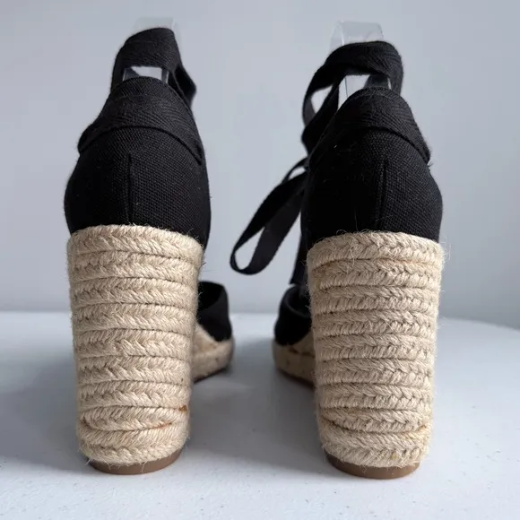 New Reformation Camille Espadrille Black Wedge Lace Up Sandals Shoes Size 7.5