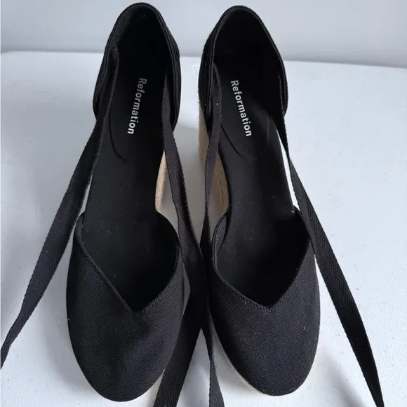 New Reformation Camille Espadrille Black Wedge Lace Up Sandals Shoes Size 7.5