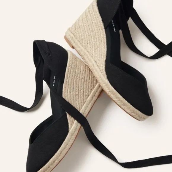 New Reformation Camille Espadrille Black Wedge Lace Up Sandals Shoes Size 7.5