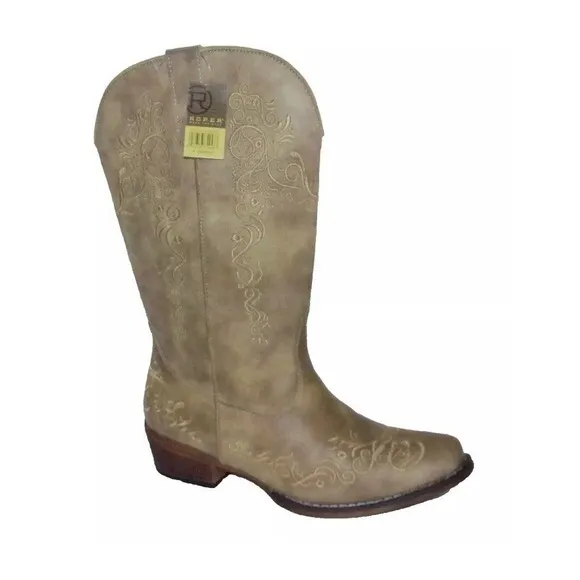 NEW ROPER JUDITH VINTAGE BEIGE FAUX LEATHER EMBROIDERED WOMEN'S COWBOY BOOTS 7 M