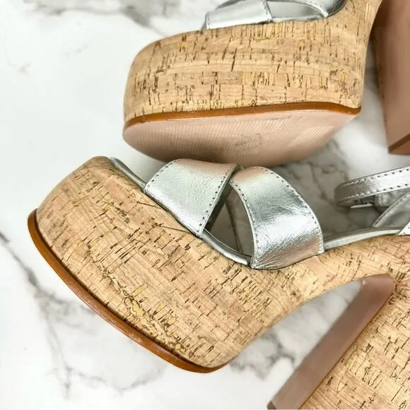 NEW Schutz Pattie Silver Metallic Leather Chunky Platform Sandal Heels Size 9.5