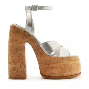 NEW Schutz Pattie Silver Metallic Leather Chunky Platform Sandal Heels Size 9.5