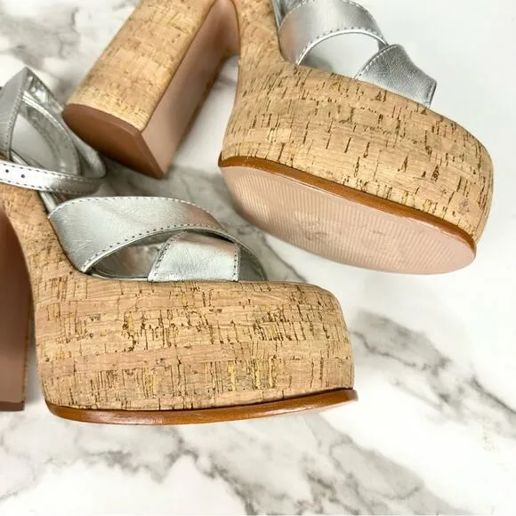 NEW Schutz Pattie Silver Metallic Leather Chunky Platform Sandal Heels Size 9.5