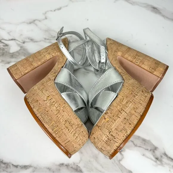 NEW Schutz Pattie Silver Metallic Leather Chunky Platform Sandal Heels Size 9.5