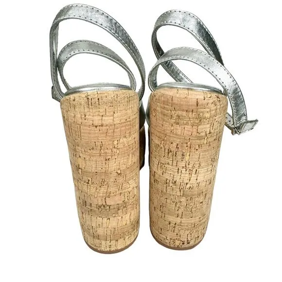 NEW Schutz Pattie Silver Metallic Leather Chunky Platform Sandal Heels Size 9.5
