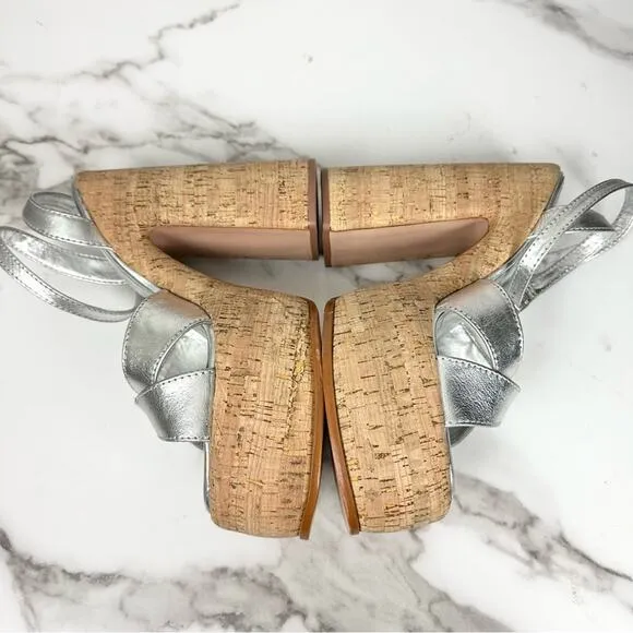 NEW Schutz Pattie Silver Metallic Leather Chunky Platform Sandal Heels Size 9.5