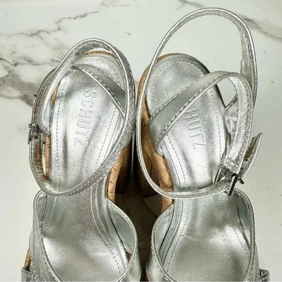 NEW Schutz Pattie Silver Metallic Leather Chunky Platform Sandal Heels Size 9.5