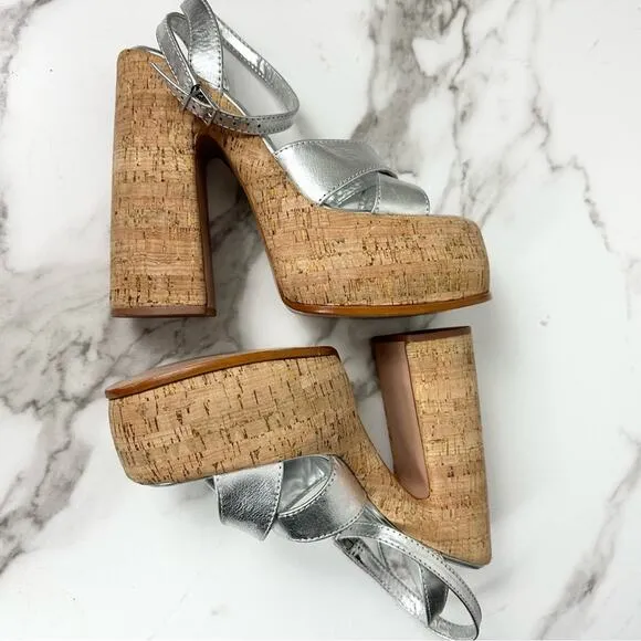 NEW Schutz Pattie Silver Metallic Leather Chunky Platform Sandal Heels Size 9.5