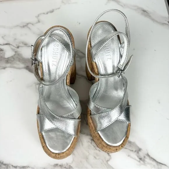NEW Schutz Pattie Silver Metallic Leather Chunky Platform Sandal Heels Size 9.5