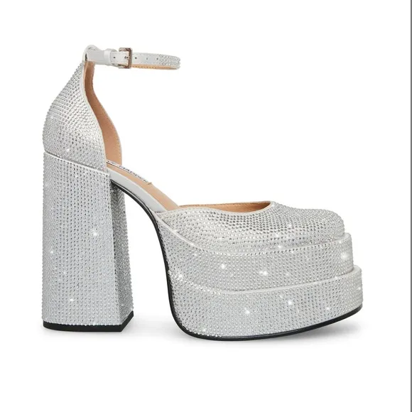 New Steve Madden Charlize Rhinestone Silver white platform heels Size 6.5