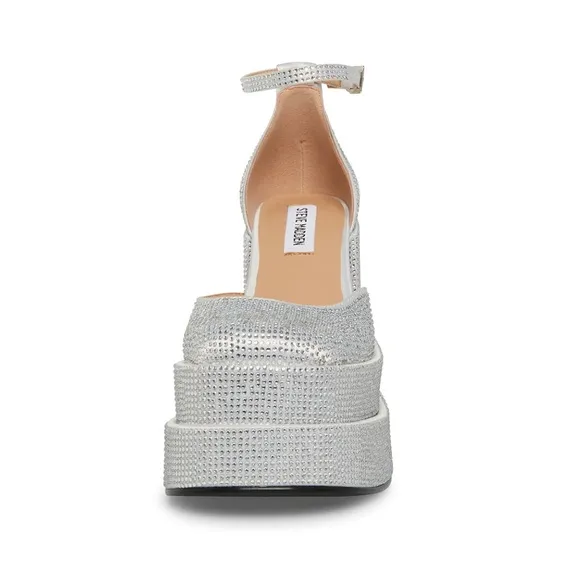 New Steve Madden Charlize Rhinestone Silver white platform heels Size 6.5