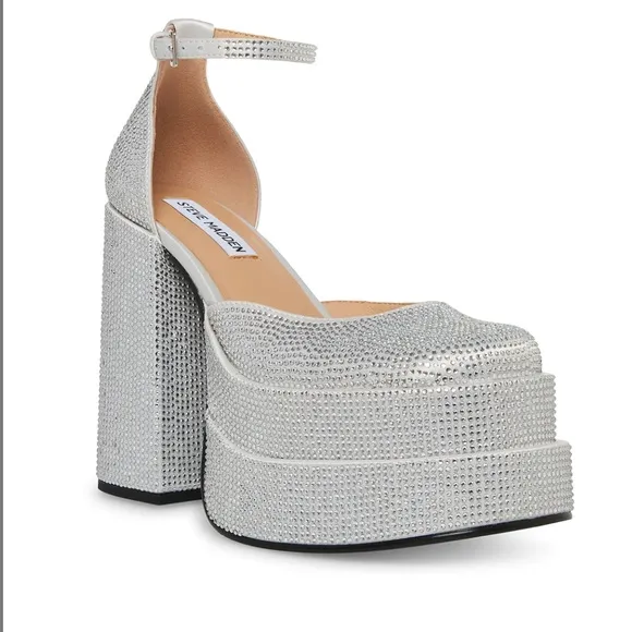 New Steve Madden Charlize Rhinestone Silver white platform heels Size 6.5