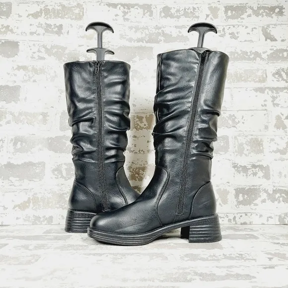 New Steve Madden Fortune Black Faux Leather Knee High Boots F122