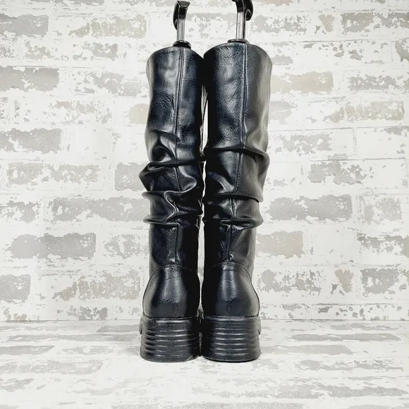 New Steve Madden Fortune Black Faux Leather Knee High Boots F122