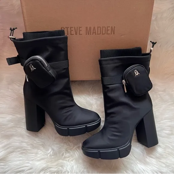 New! STEVE MADDEN RiseUp Zip Pocket Nylon Platform Ankle Boots