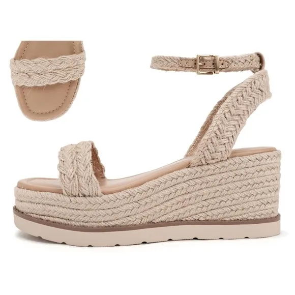 New Straw Style! Soda Shoes Swing Natural Raffia Ankle Strap Platform Wedge Heel