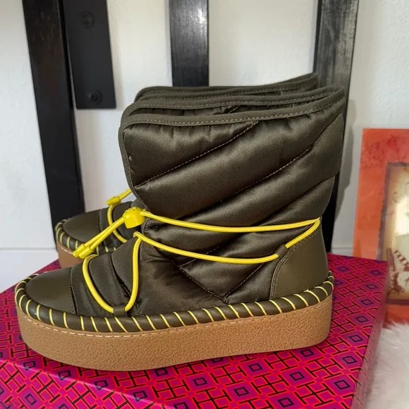 NEW Tory Burch Sleeping Bag sSize 7 Olive and Yellow Boots
