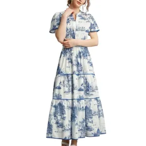 NEW Umgee Full Size Landscape Print Short Sleeve Tiered Maxi Dress Boho Cottage