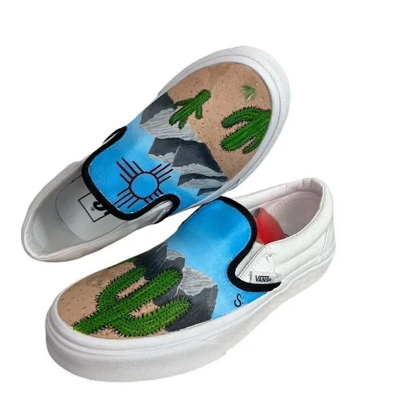 NEW Vans Custom Handpainted Shoes New Mexico High Desert Mountains &amp; Cactus 7 M