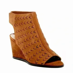 New Via Spiga Wedge Heel Sandals NWOT Brown Cognac Leather Suede