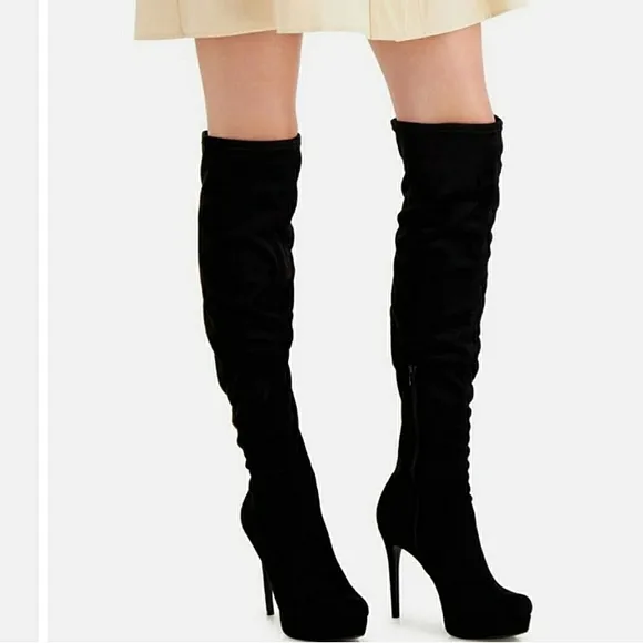 New w/Box Thalia Sodi Clarissa Black Faux Suede Over the Knee Heeled Boot Size 9