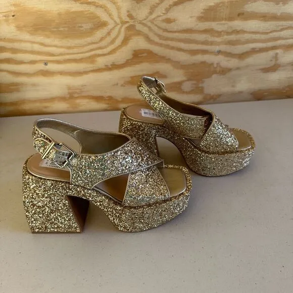 New GB Gold Glitter Platform Sandals