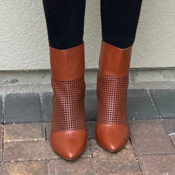 NIB Cognac Pointy Toe Perforated Heeled Boots