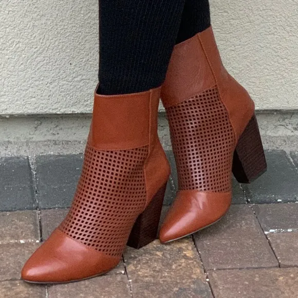 NIB Cognac Pointy Toe Perforated Heeled Boots