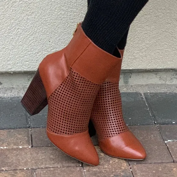 NIB Cognac Pointy Toe Perforated Heeled Boots