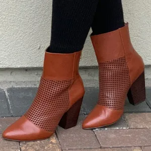 NIB Cognac Pointy Toe Perforated Heeled Boots