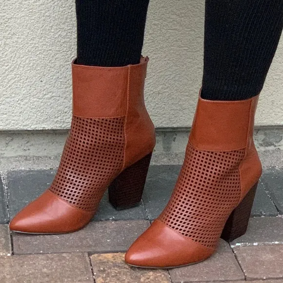 NIB Cognac Pointy Toe Perforated Heeled Boots