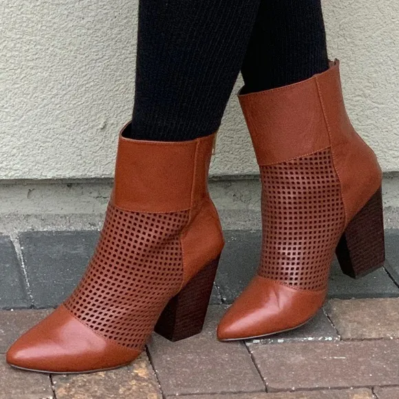 NIB Cognac Pointy Toe Perforated Heeled Boots