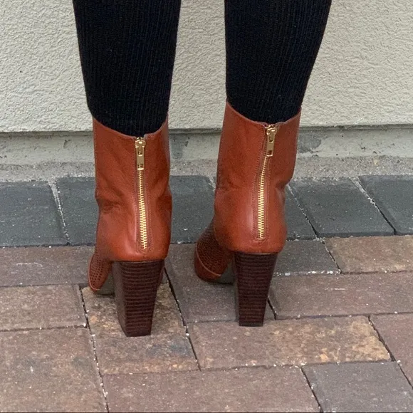 NIB Cognac Pointy Toe Perforated Heeled Boots