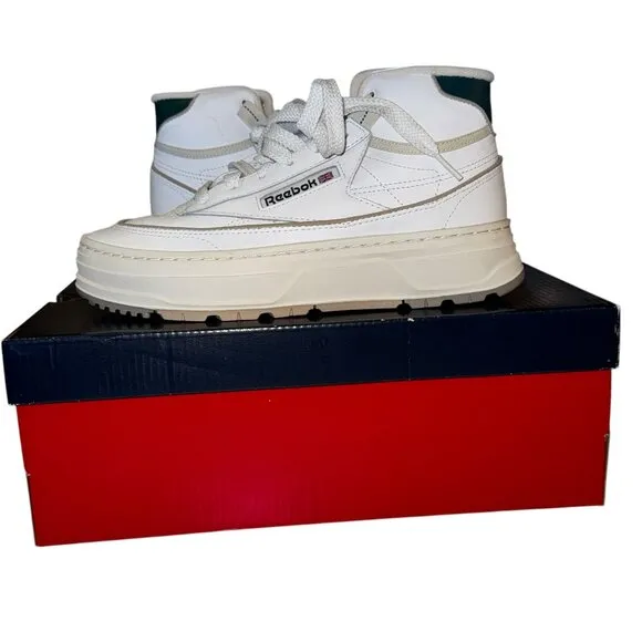 NIB Reebok Club C Geo Mid Tennis Sneaker Shoes White &amp; Dark Green Accent…