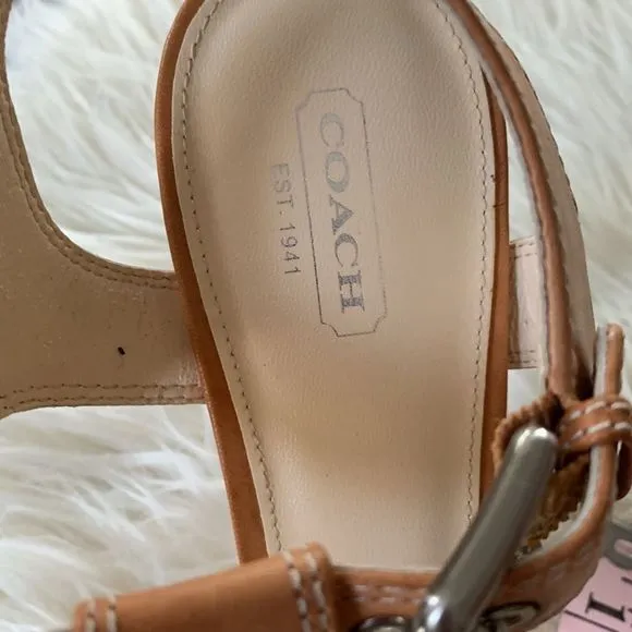 NIB Stacked Heel Tan Coach Sandals