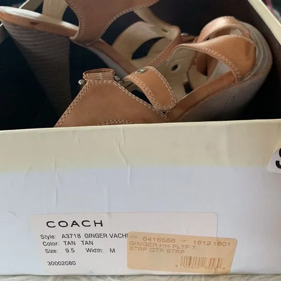 NIB Stacked Heel Tan Coach Sandals