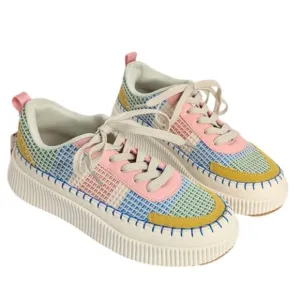 Nicole Miller Brita Mixed Print Woven Platform Lace Up Sneakers NEW
