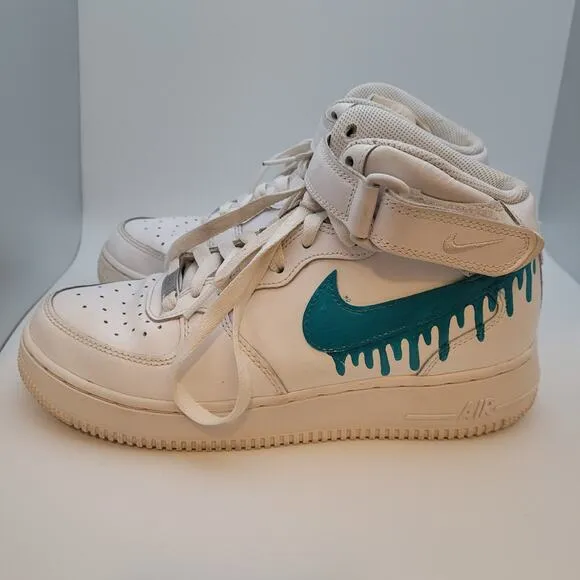 Nike Air Force 1 Mid Custom Drip Shoes Size 6 Youth White and Teal 2019