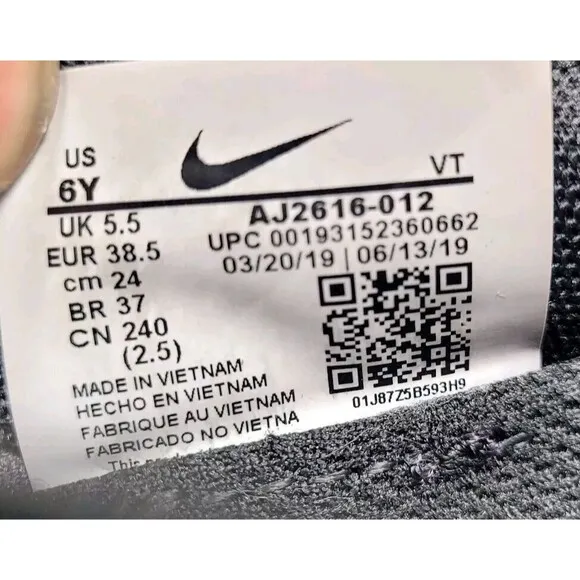Nike Air VaporMax 2019 Youth 6Y/Women's Size 7.5 Low Thunder Grey Athletic Shoes