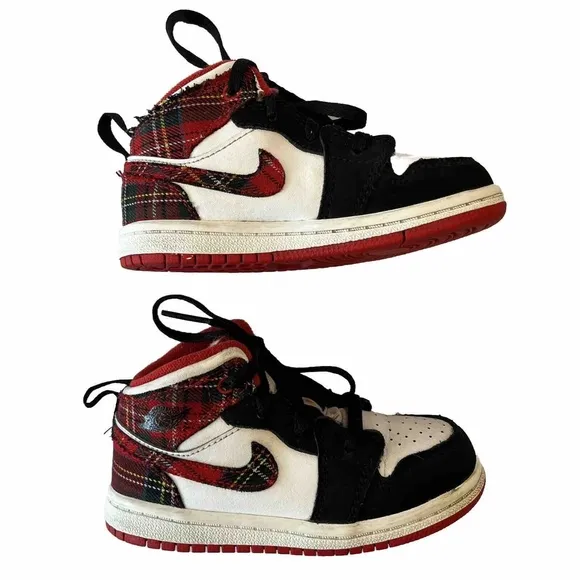 Nike Jordan 1 Mid Bad Santa | Size 8C | Youth Retro Plaid White Shoes Sneakers