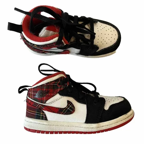 Nike Jordan 1 Mid Bad Santa | Size 8C | Youth Retro Plaid White Shoes Sneakers