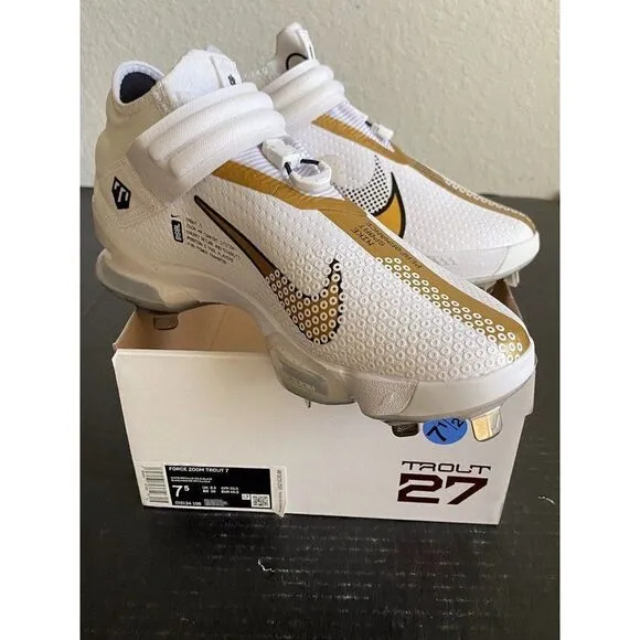 Nike Force Zoom Trout 7 Pro Mid White Metallic Gold Men’s Baseball Cleat Sz 7.5