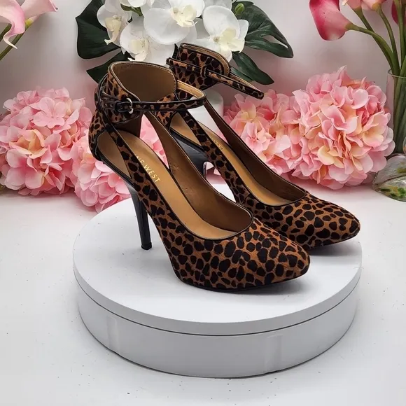 Nine West Animal Print Real Calf Hair Ankle Strap Heels Pumps Shoes 8M