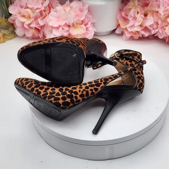 Nine West Animal Print Real Calf Hair Ankle Strap Heels Pumps Shoes 8M
