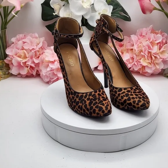 Nine West Animal Print Real Calf Hair Ankle Strap Heels Pumps Shoes 8M