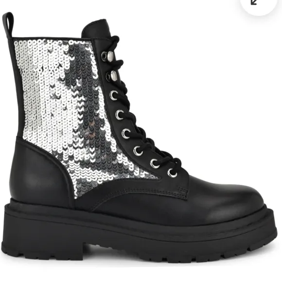 Nine West Hediy Combat Boot Sequin Designer Gaux Leather #47