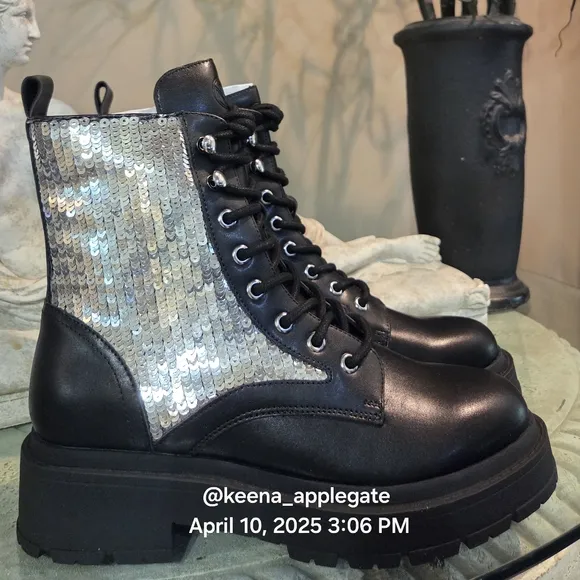 Nine West Hediy Combat Boot Sequin Designer Gaux Leather #47